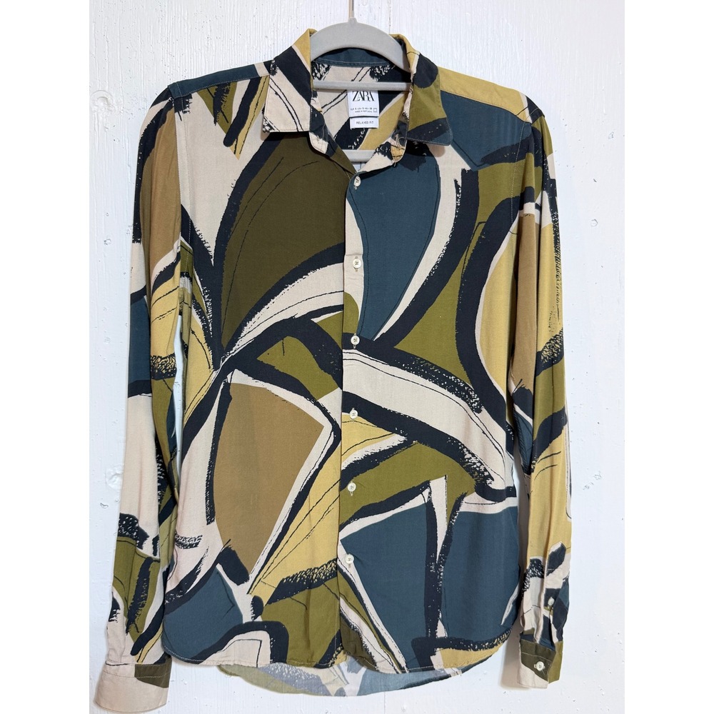Zara Shirt Womens Small S Green Abstract Viscose Relaxed Fit Button Down Boho
